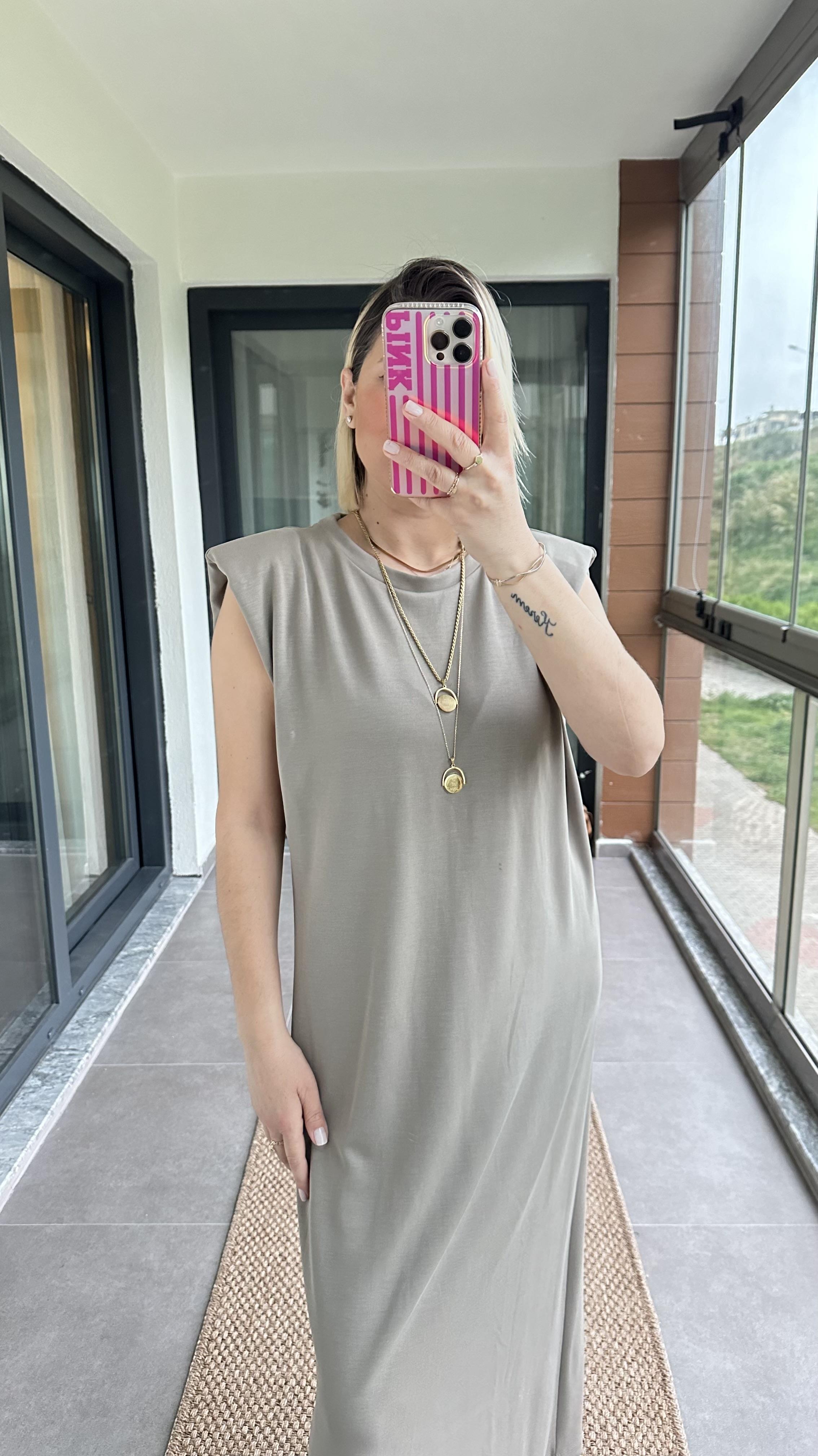 Kahverengi Modal Kumaş Vatkalı Elbise