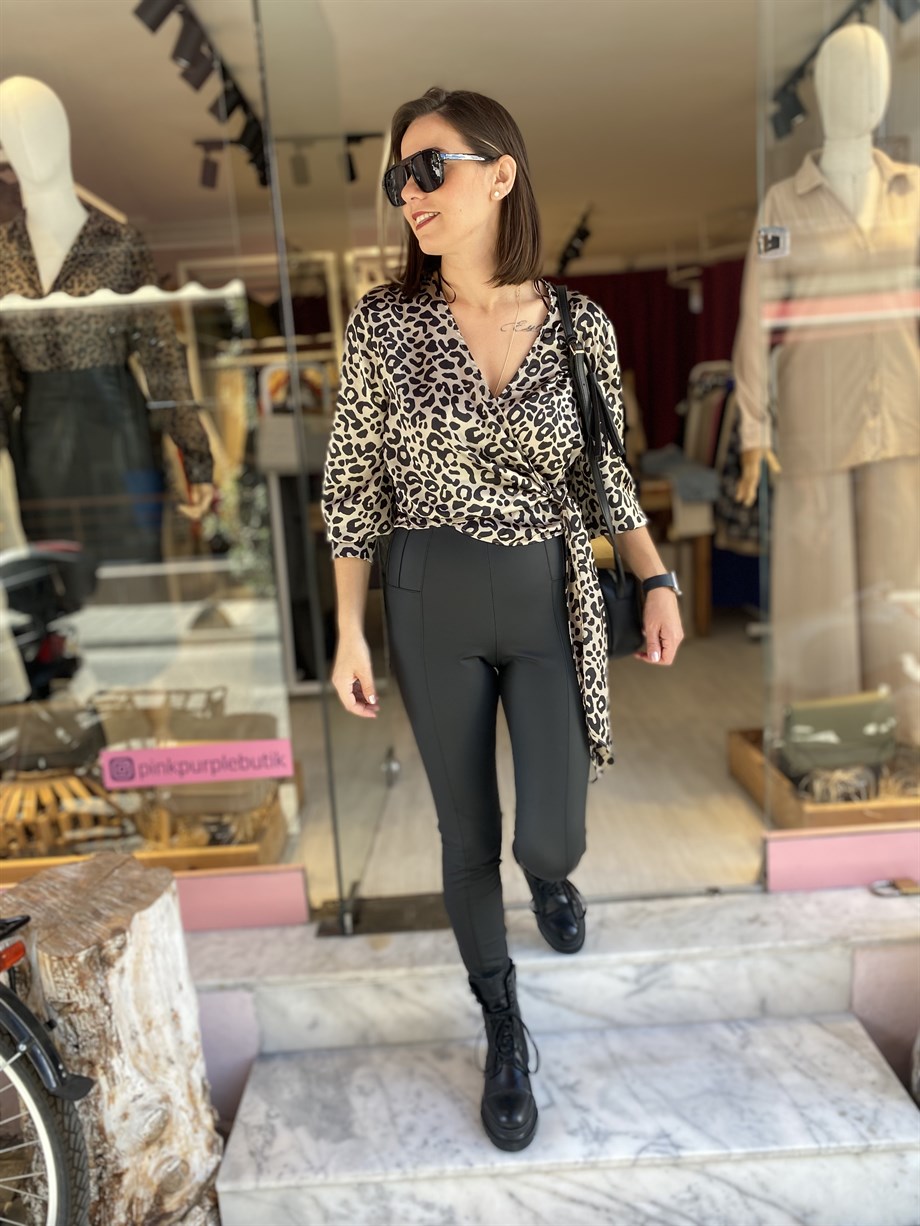 Leopar Desen Kruvaze Bluz