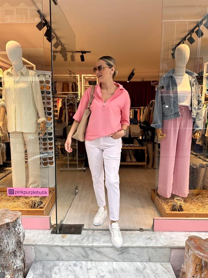 Pembe Fermuarlı Tshirt