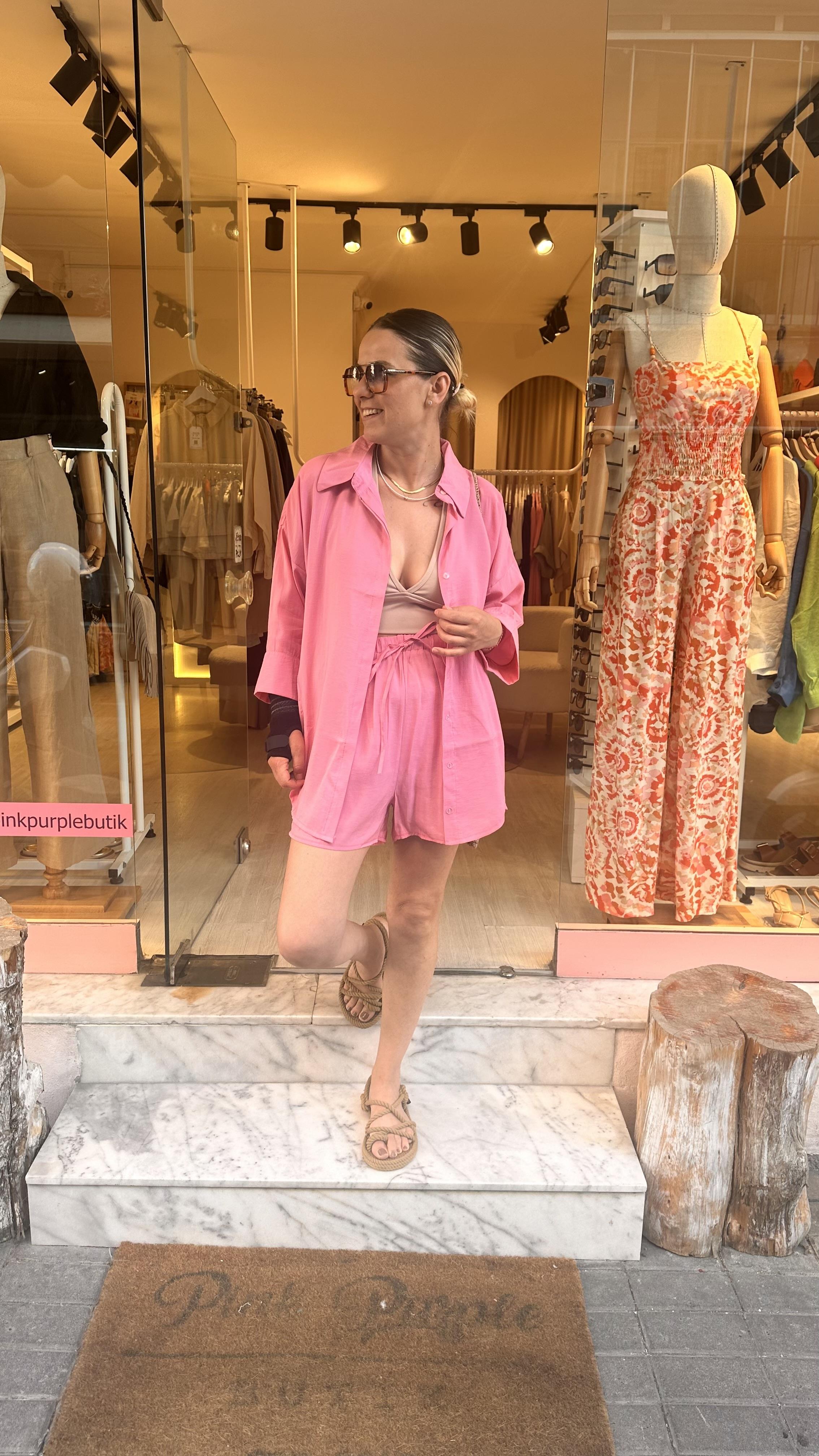 Pembe Tensel Şort Takım