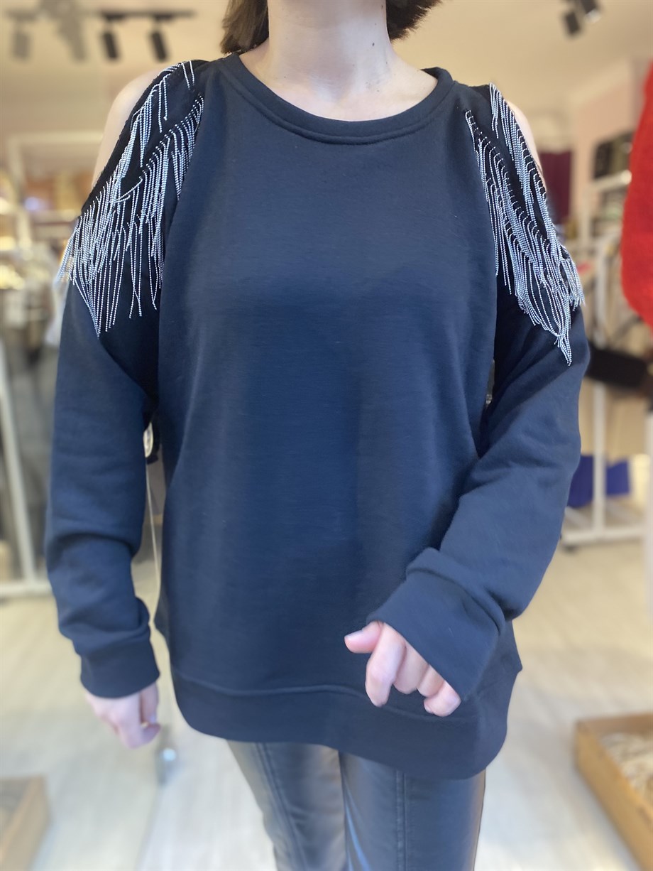 Zincirli Omuz Açık Sweatshirt
