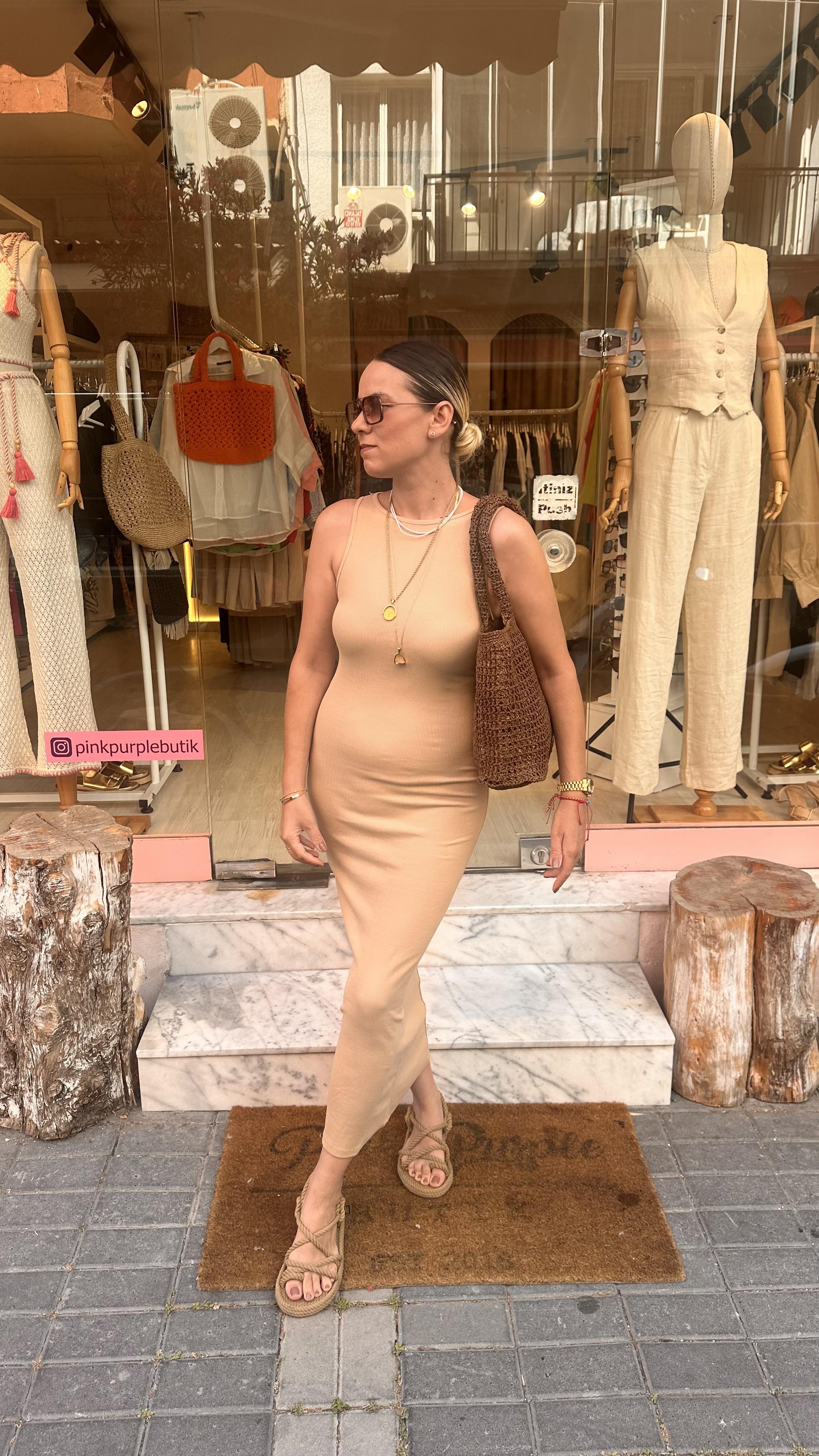 Bej Fitilli Maxi Elbise
