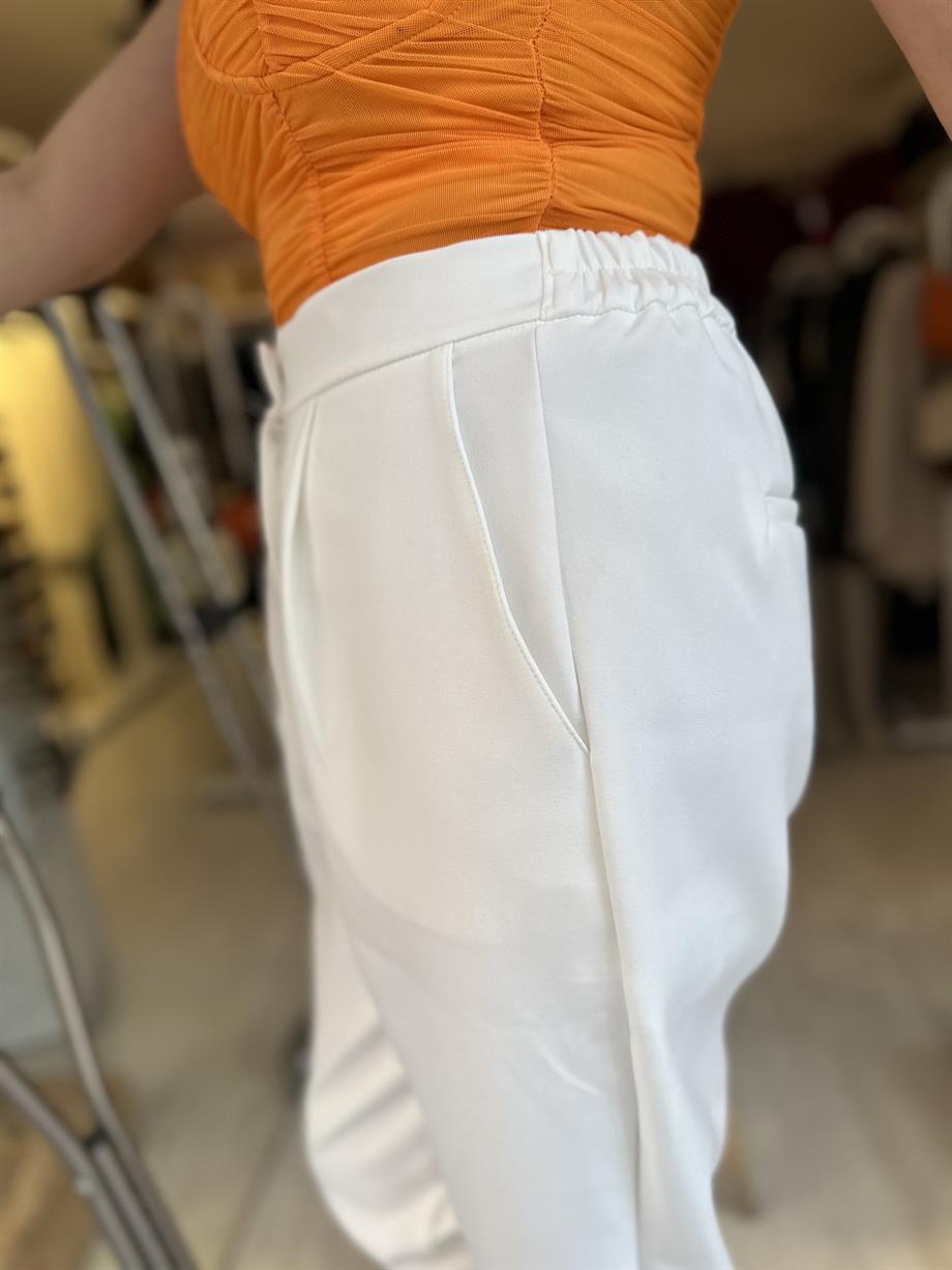 Beyaz Beli Lastikli Pantolon