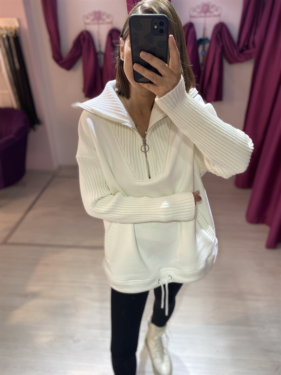 Beyaz Fermuarlı Sweatshirt