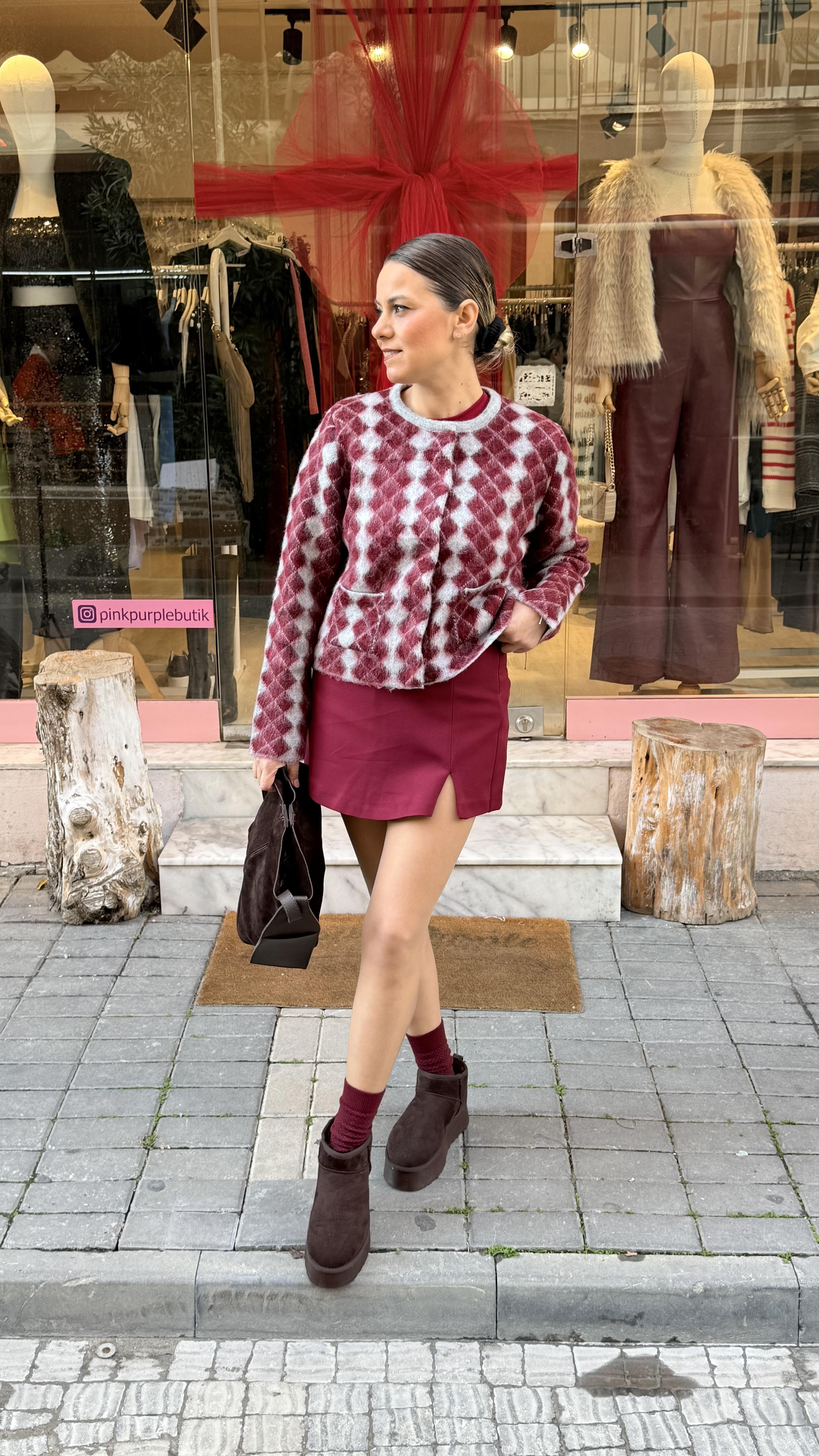 Bordo Gri Baklava Ceket