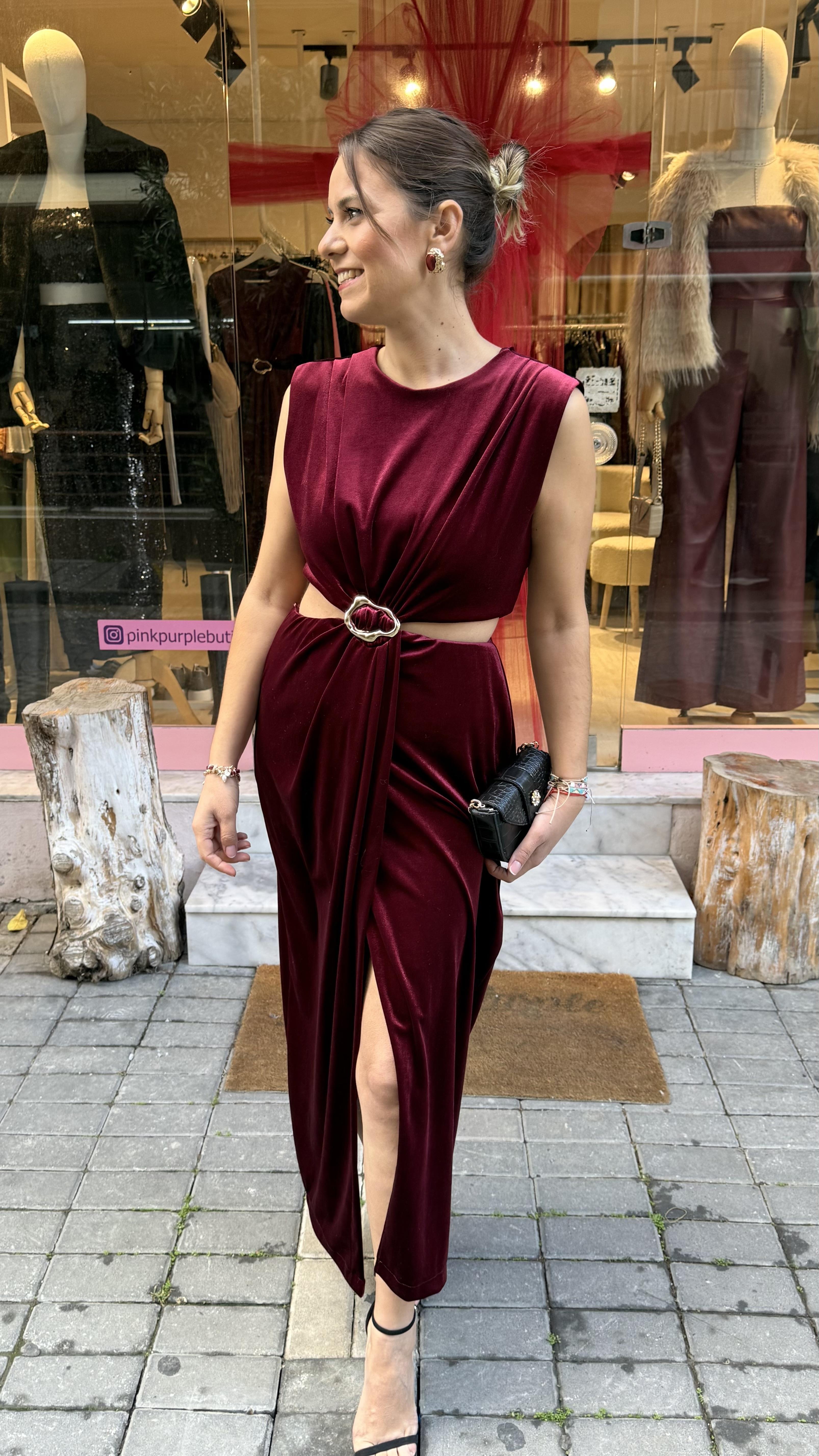 Bordo Tokalı Kadife Elbise