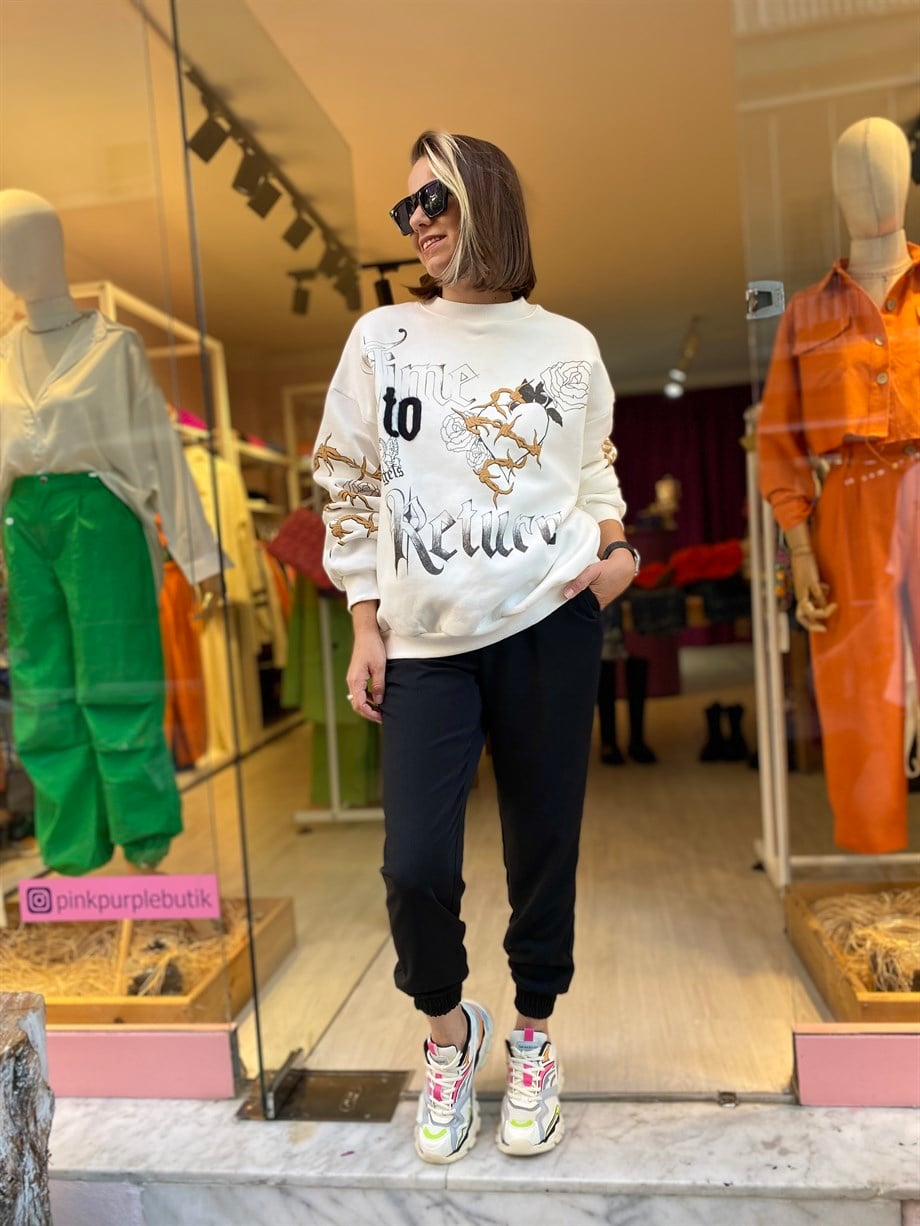 Desenli Ekru Sweatshirt