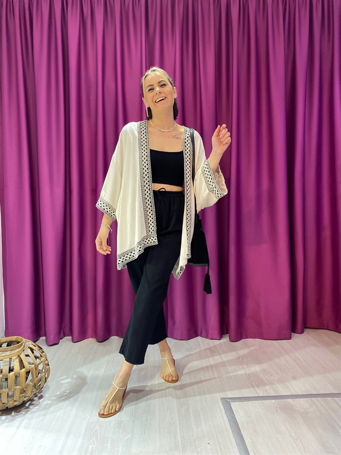 Keten Şerit Detaylı Kimono