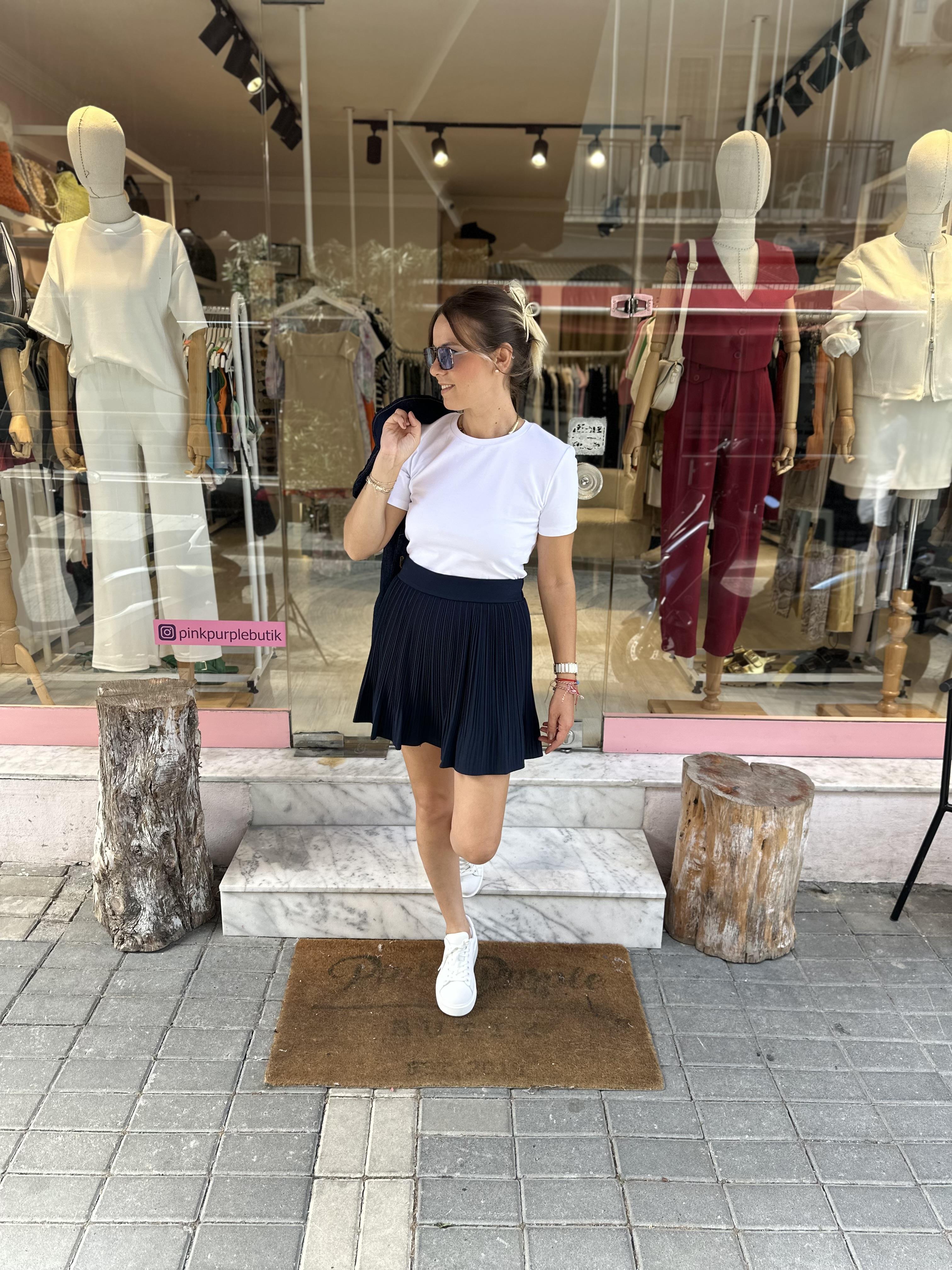 Lacivert Pileli Şort Etek