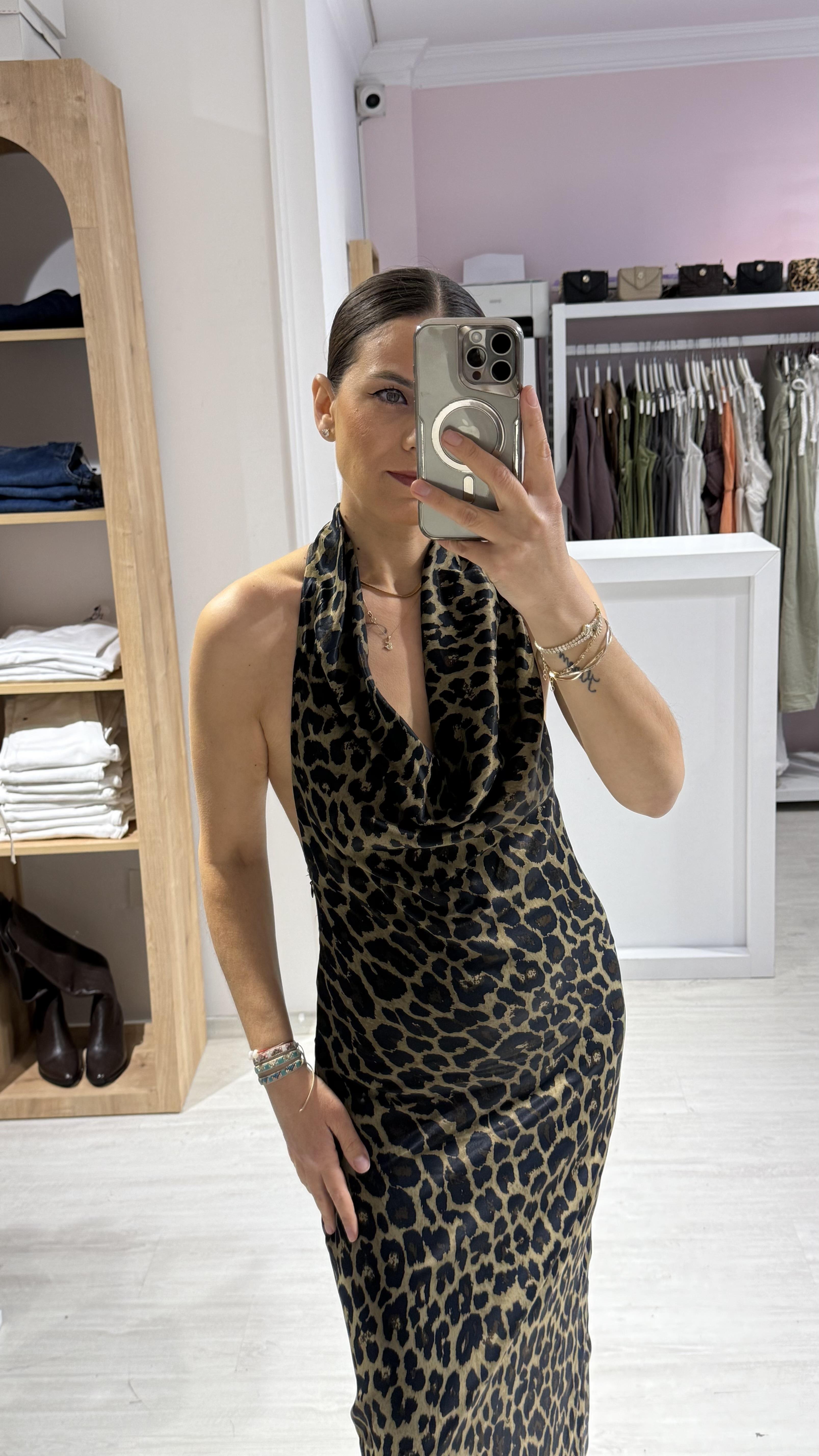 Leopar Saten Elbise