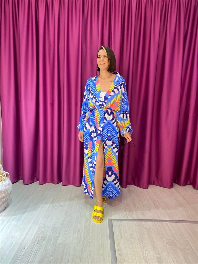 Sarı-Mavi Desenli Kimono