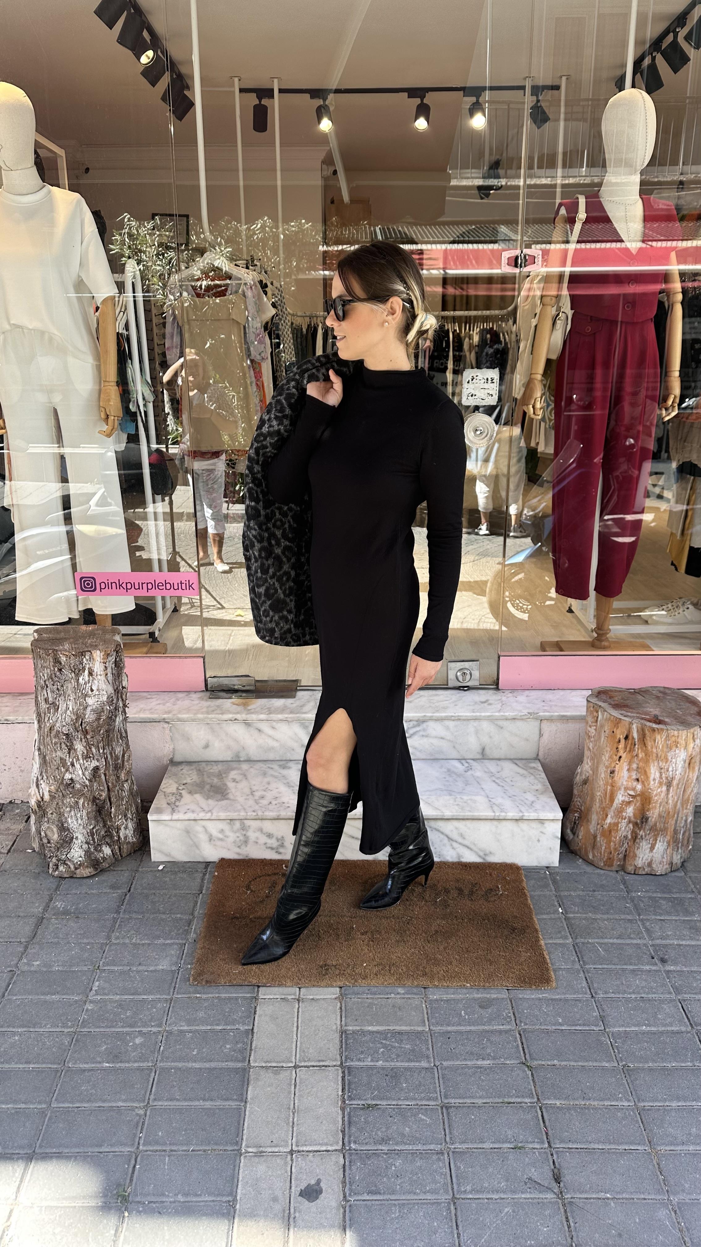 Siyah Balıkçı Yaka Triko Elbise