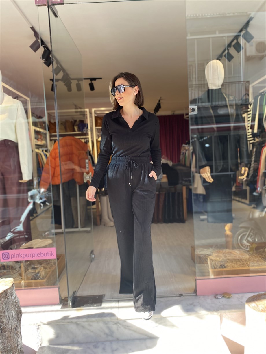 Siyah Fitilli Paça Yırtmaçlı Takım