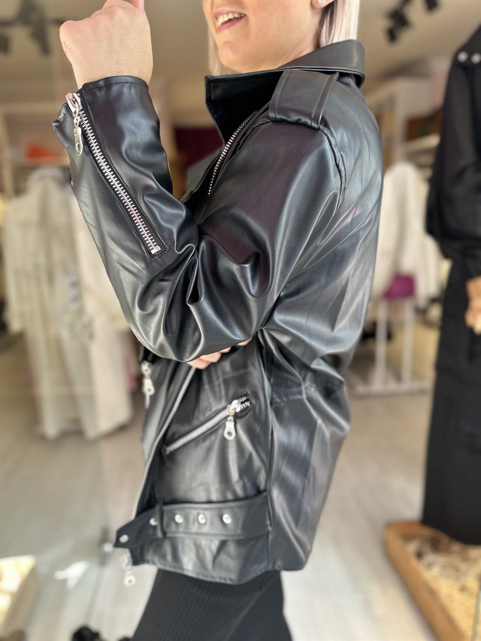 Siyah Oversize Deri Ceket