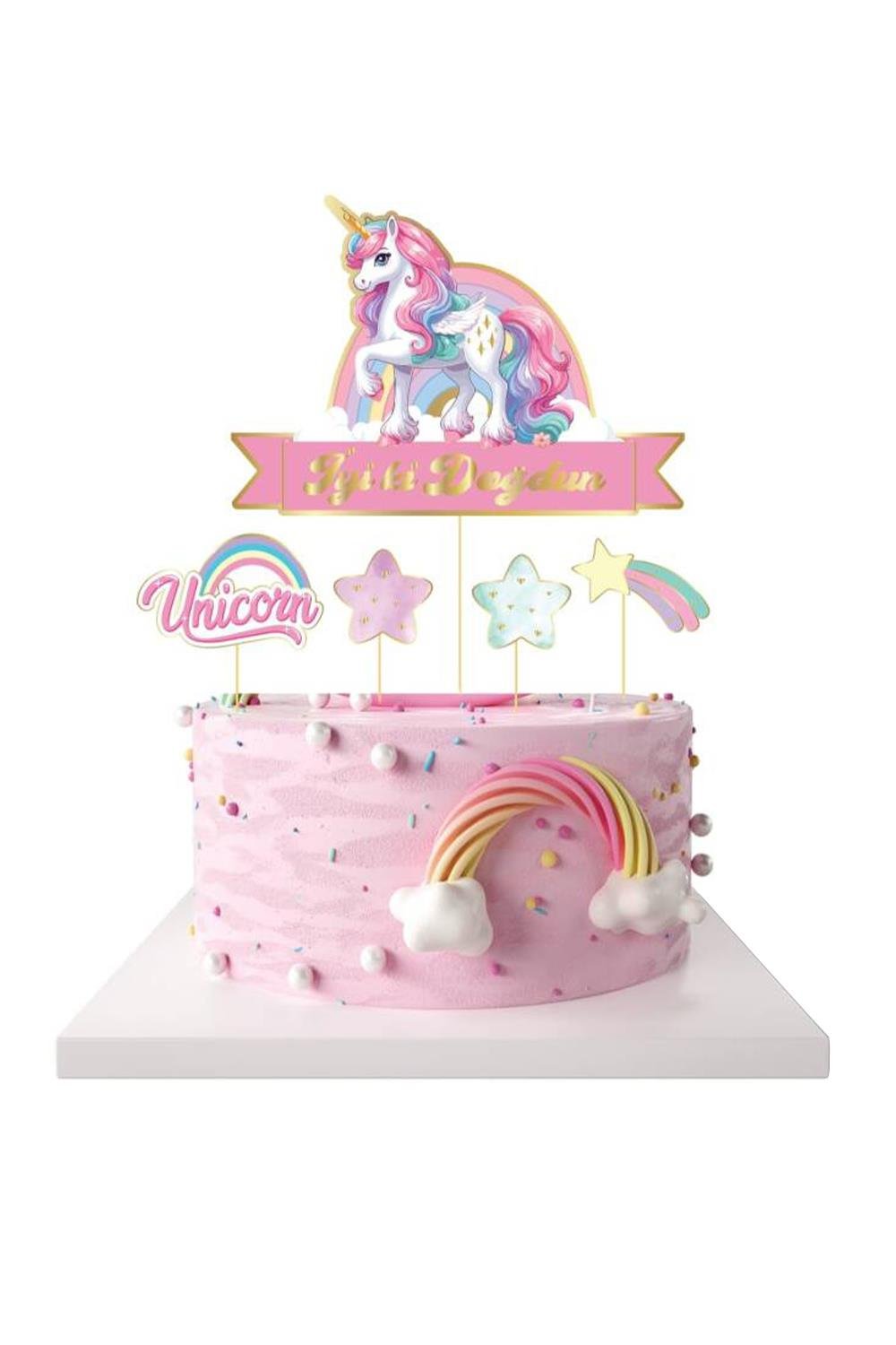 Pembe Unicorn Temalı Iyi Ki Doğdun 5'Li Kürdan Pasta Süsü