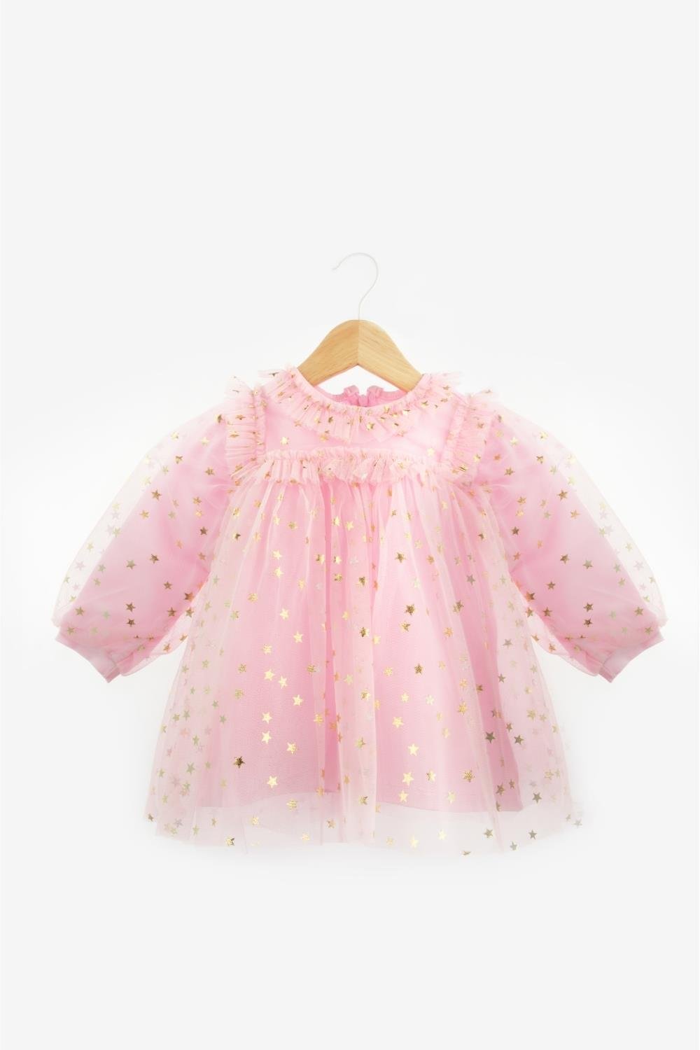 Pembe  Yıldız Detaylı Kız Bebek Tül Elbise - Vanessa