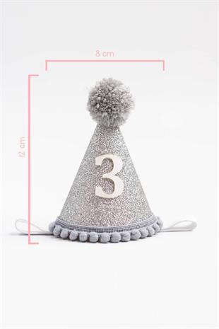 3  Year Pompom Funnel Birthday Crown- Gray