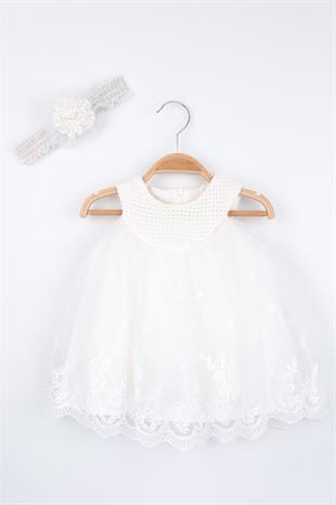 Beyaz Dantel Detaylı Saç Bantlı Kız Bebek Elbise - Gracie