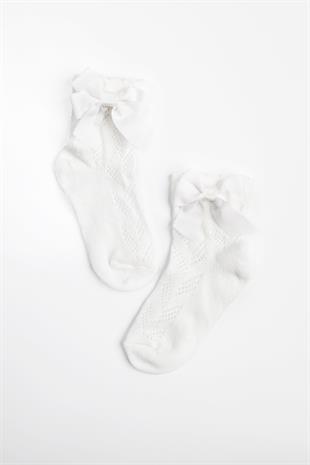 Beyaz Delikli Kurdeleli Kız Çocuk Çorap