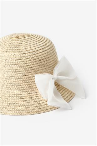 Beyaz  Fiyonk Detaylı Kız Çocuk Hasır Bucket Şapka