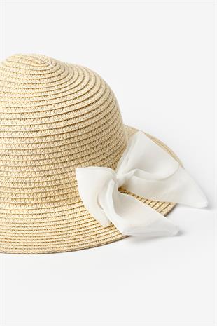 Beyaz  Fiyonklu Kız Çocuk Hasır Şapka