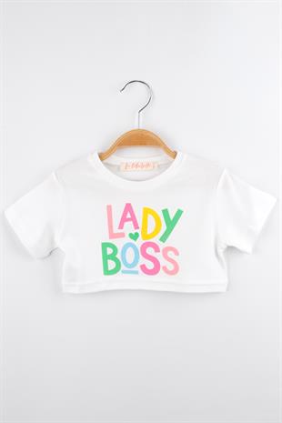 Beyaz Lady Boss Baskılı Kız Çocuk Crop Tişört - Becky
