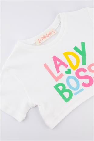 Beyaz Lady Boss Baskılı Kız Çocuk Crop Tişört - Becky