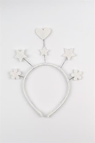 Beyaz Simli Kalp Yıldız Çiçek Sallantılı Kız Çocuk Taç