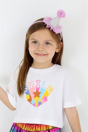 Beyaz Smile Yıldız Baskılı Kız Çocuk Crop Tişört - Becky
