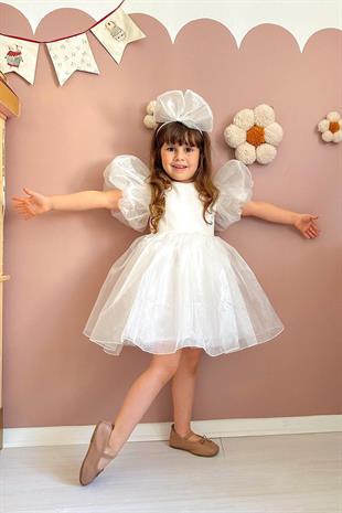 Beyaz Taçlı Organze Kız Çocuk Elbise - Carlene