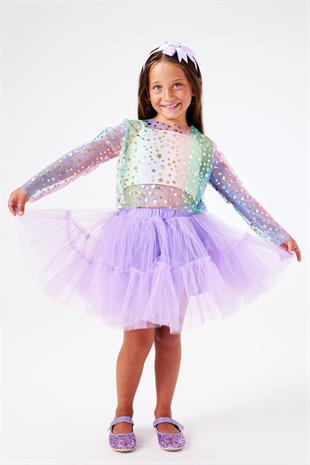 Çok Renkli  Uzun Kollu Yıldızlı Kız Çocuk Tül Crop