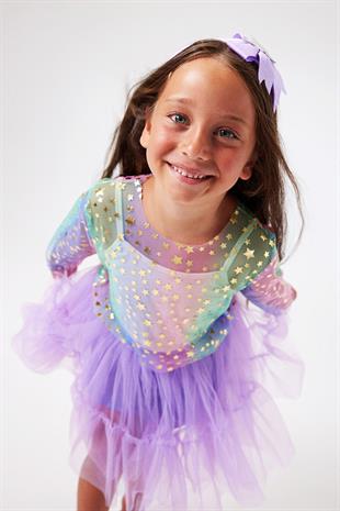 Çok Renkli  Uzun Kollu Yıldızlı Kız Çocuk Tül Crop