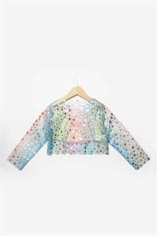 Çok Renkli  Uzun Kollu Yıldızlı Kız Çocuk Tül Crop