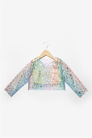 Çok Renkli  Uzun Kollu Yıldızlı Kız Çocuk Tül Crop