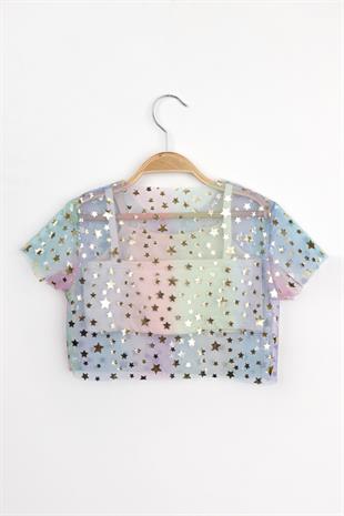 Çok Renkli  Yıldız Baskılı Kız Çocuk Tül Crop