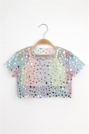 Çok Renkli  Yıldız Baskılı Kız Çocuk Tül Crop