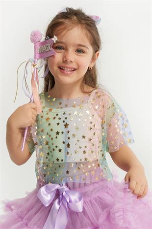 Çok Renkli  Yıldız Baskılı Kız Çocuk Tül Crop