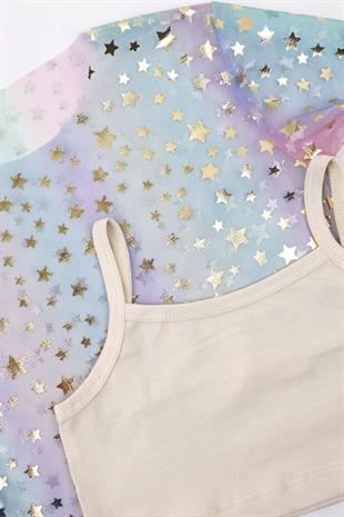 Çok Renkli  Yıldız Baskılı Kız Çocuk Tül Crop