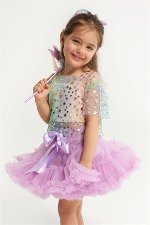 Çok Renkli  Yıldız Baskılı Kız Çocuk Tül Crop