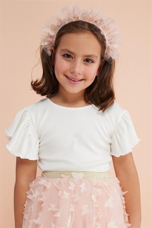 Ekru  Arkası Çapraz Biyeli Kız Çocuk Tişört - Julie