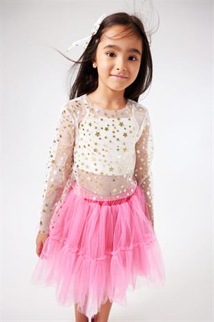 Ekru  Uzun Kollu Yıldızlı Kız Çocuk Tül Crop
