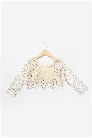 Ekru  Uzun Kollu Yıldızlı Kız Çocuk Tül Crop