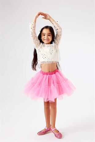 Ekru  Uzun Kollu Yıldızlı Kız Çocuk Tül Crop