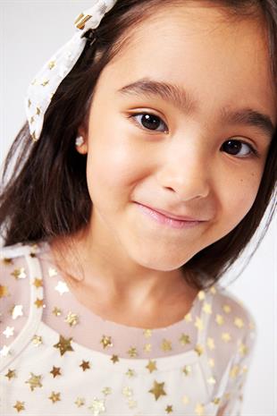 Ekru  Uzun Kollu Yıldızlı Kız Çocuk Tül Crop