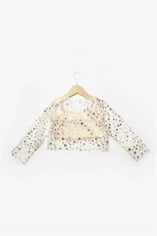 Ekru  Uzun Kollu Yıldızlı Kız Çocuk Tül Crop