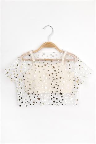 Ekru  Yıldız Baskılı Kız Çocuk Tül Crop