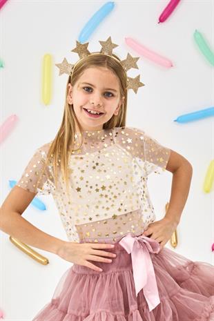 Ekru  Yıldız Baskılı Kız Çocuk Tül Crop