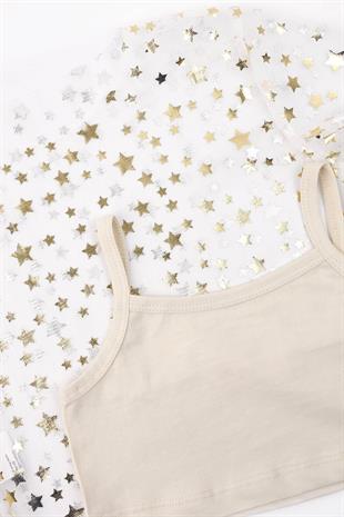 Ekru  Yıldız Baskılı Kız Çocuk Tül Crop