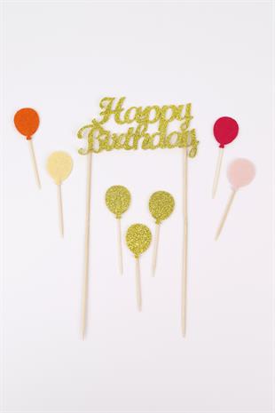Gold Happy Birthday Balon Pasta Süsü