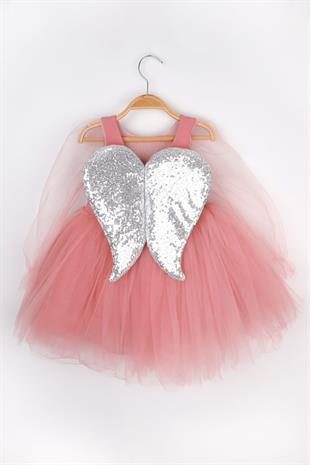 Gülkurusu  Pullu Kanat Detaylı Kız Çocuk Elbise - Angela